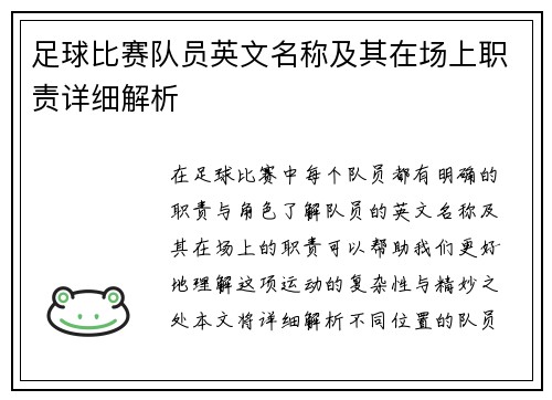 足球比赛队员英文名称及其在场上职责详细解析