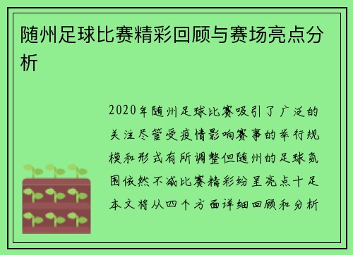 随州足球比赛精彩回顾与赛场亮点分析