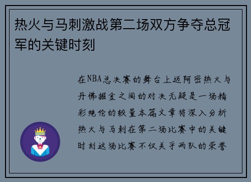 热火与马刺激战第二场双方争夺总冠军的关键时刻