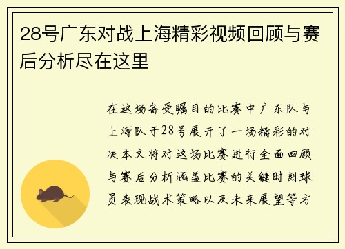 28号广东对战上海精彩视频回顾与赛后分析尽在这里